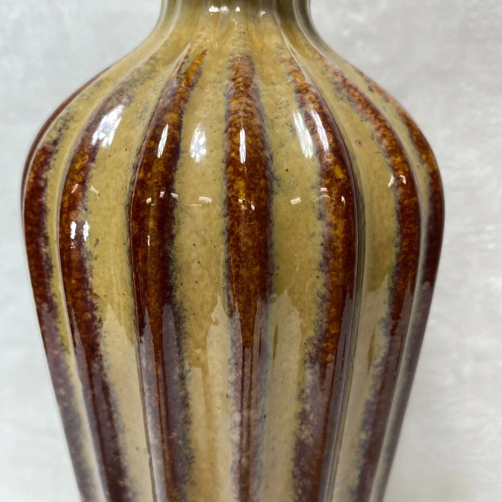 Vintage Fluted Ceramic Vase Earth Tones Striped Glaze Decorative Home Decor‎